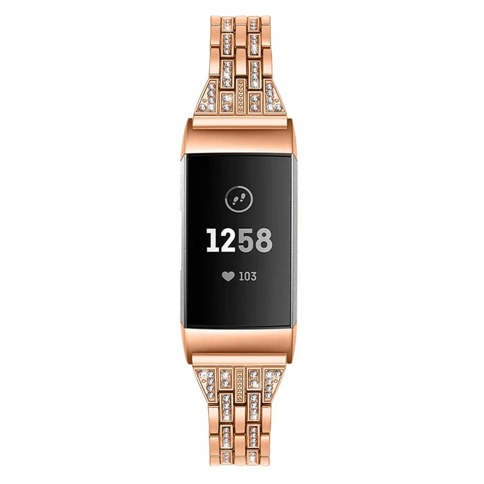 Dual Rows Rhinestone Decor Stainless Steel Watch Band for Fitbit Charge 4 / 3 - Rose Gold - 2