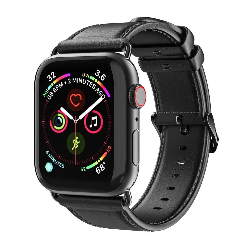 DUX DUCIS Watch Strap for Apple Watch Ultra 3 / 2 / 1 49mm, Series 11 / 10 46mm, 9 / 8 / 7 45mm, SE3 / SE2 / SE / 6 / 5 / 4 44mm, 3 / 2 / 1 42mm Cowhide Leather Band - Black - 2