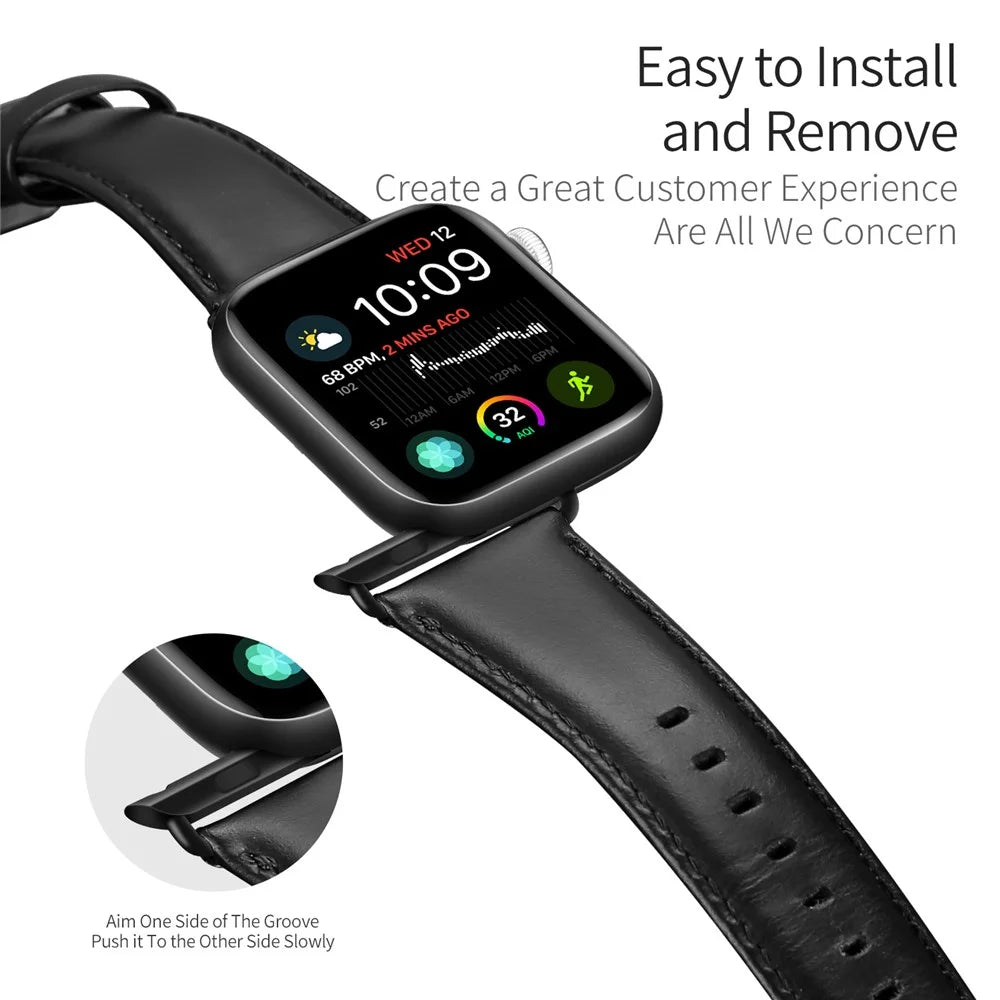 DUX DUCIS Watch Strap for Apple Watch Ultra 3 / 2 / 1 49mm, Series 11 / 10 46mm, 9 / 8 / 7 45mm, SE3 / SE2 / SE / 6 / 5 / 4 44mm, 3 / 2 / 1 42mm Cowhide Leather Band - Black - 3