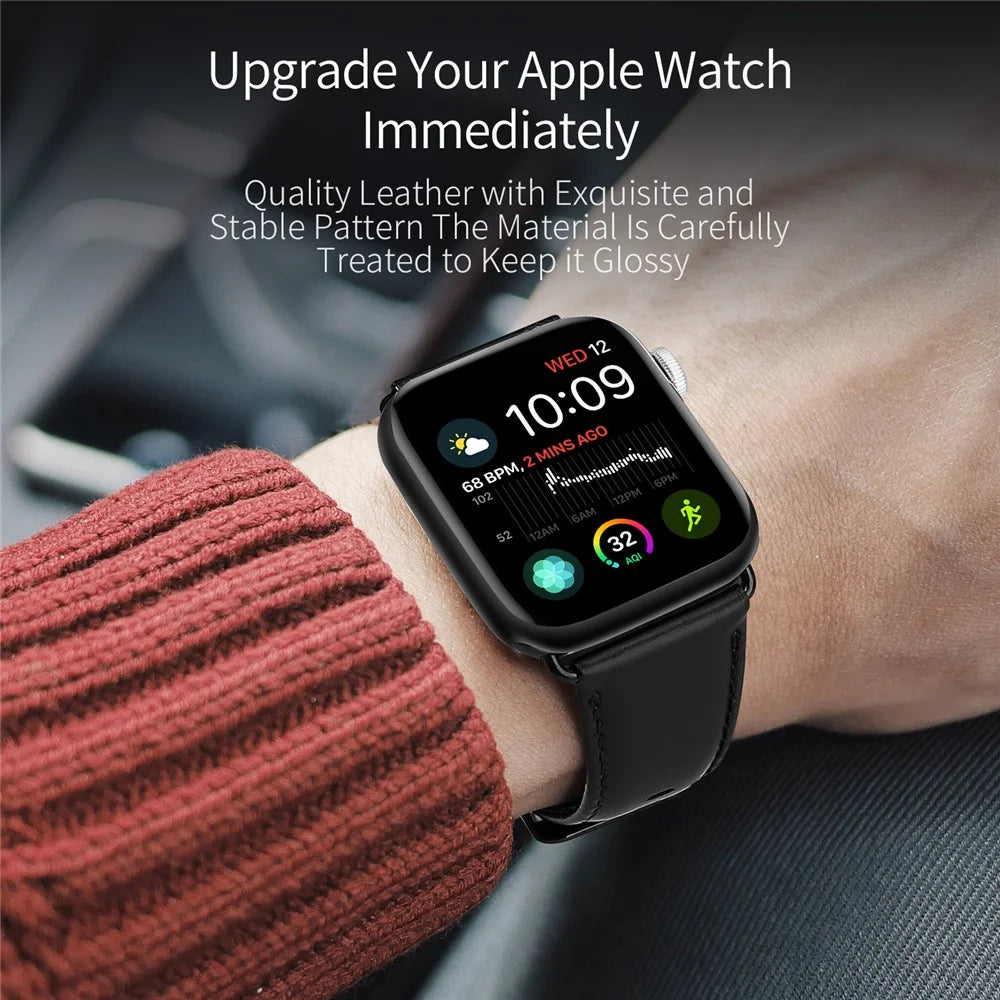 DUX DUCIS Watch Strap for Apple Watch Ultra 3 / 2 / 1 49mm, Series 11 / 10 46mm, 9 / 8 / 7 45mm, SE3 / SE2 / SE / 6 / 5 / 4 44mm, 3 / 2 / 1 42mm Cowhide Leather Band - Black - 5