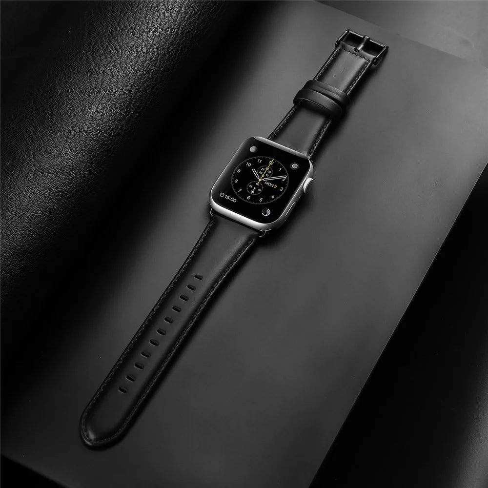 DUX DUCIS Watch Strap for Apple Watch Ultra 3 / 2 / 1 49mm, Series 11 / 10 46mm, 9 / 8 / 7 45mm, SE3 / SE2 / SE / 6 / 5 / 4 44mm, 3 / 2 / 1 42mm Cowhide Leather Band - Black - 7