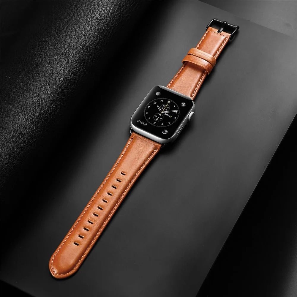 DUX DUCIS Genuine Leather Band for Apple Watch Series 11 10 42mm / 9 8 7 41mm / SE3 SE2 SE 6 5 4 40mm / 3 2 1 38mm Strap - Brown - 7