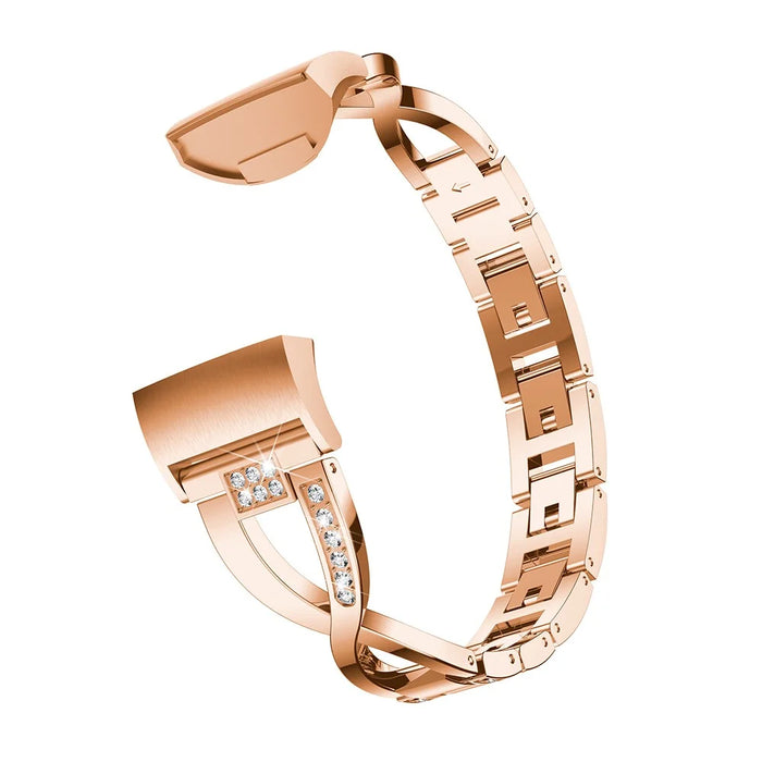 For Fitbit Charge 4/3 X-shape Rhinestone Decor Aluminum Alloy Watch Band Strap Replacement - Rose Gold - 1
