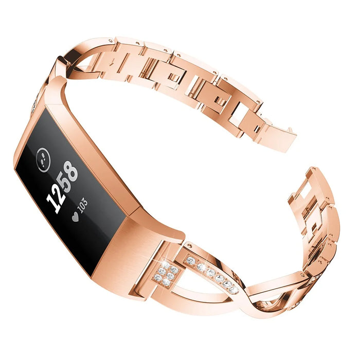 For Fitbit Charge 4/3 X-shape Rhinestone Decor Aluminum Alloy Watch Band Strap Replacement - Rose Gold - 2