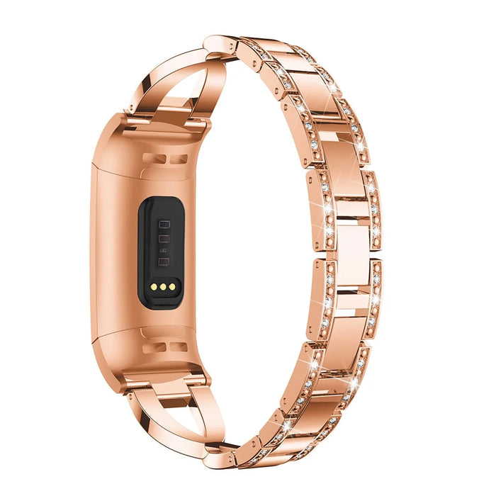 For Fitbit Charge 4/3 X-shape Rhinestone Decor Aluminum Alloy Watch Band Strap Replacement - Rose Gold - 3