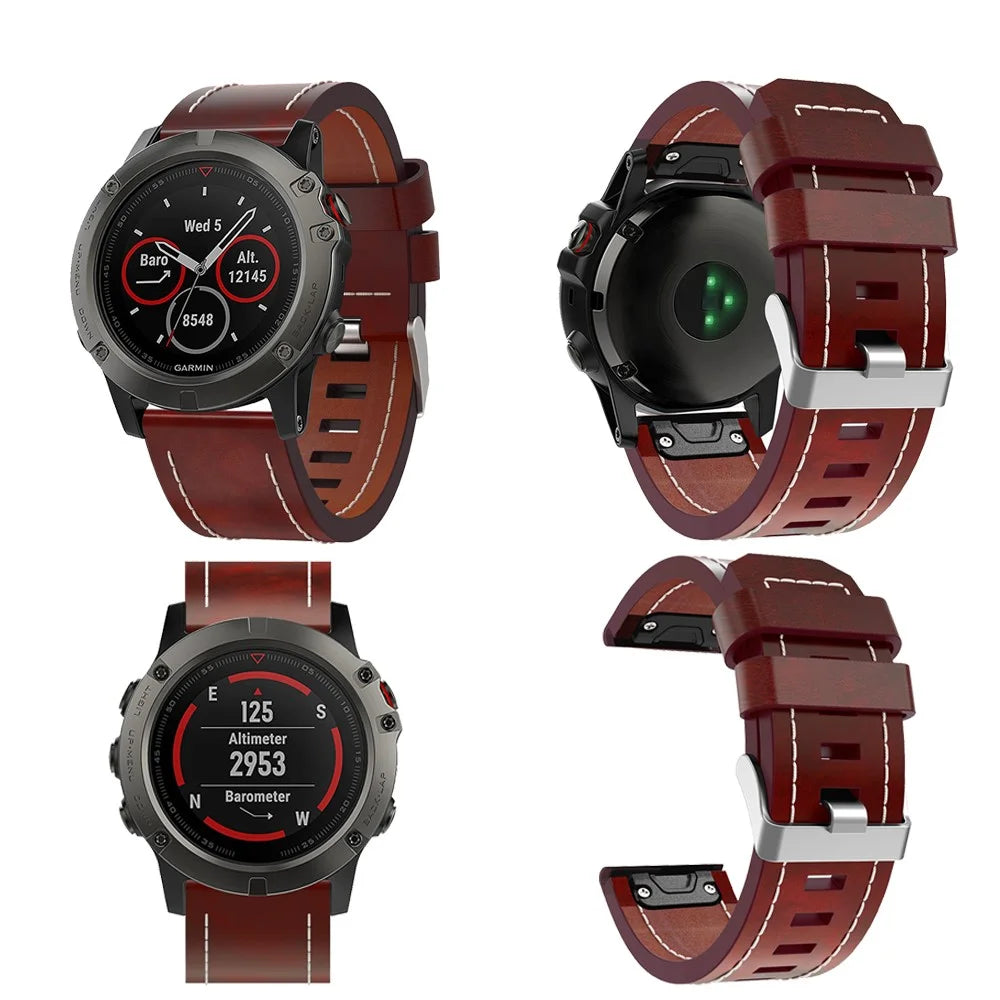 Line-stitched Imitation Leather Watch Strap Band Bracelet Replacement for Garmin Fenix 5X - 5