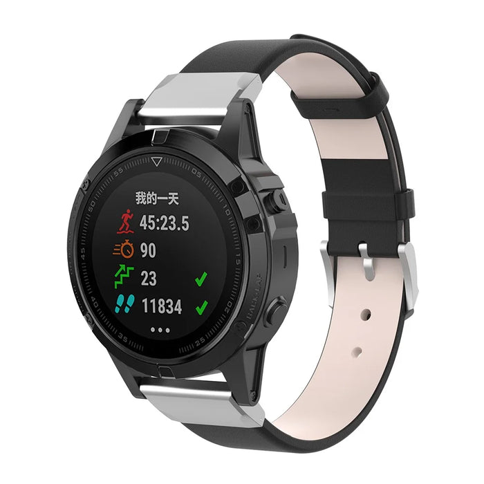 PU Leather Watch Strap with Connector and Tool for Garmin Fenix 7/5/Forerunner 935/Quatix5/Quatix5 Sapphire/Approach S60 - Black - 2