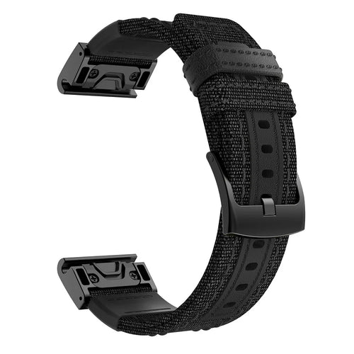 Canvas + Genuine Leather Watch Band for Garmin Fenix 5 Plus, Nylon Sports Watchband Strap - Black - 1