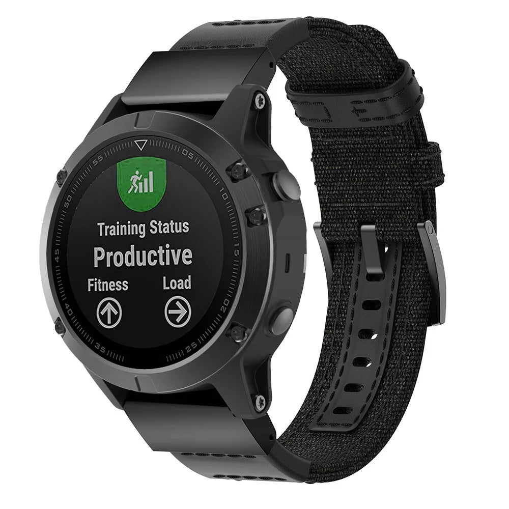Canvas + Genuine Leather Watch Band for Garmin Fenix 5 Plus, Nylon Sports Watchband Strap - Black - 2