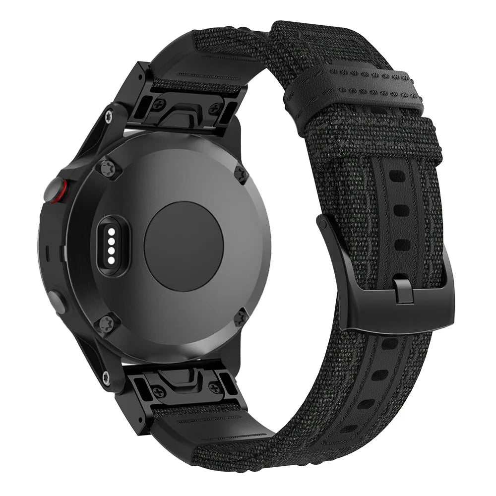 Canvas + Genuine Leather Watch Band for Garmin Fenix 5 Plus, Nylon Sports Watchband Strap - Black - 3