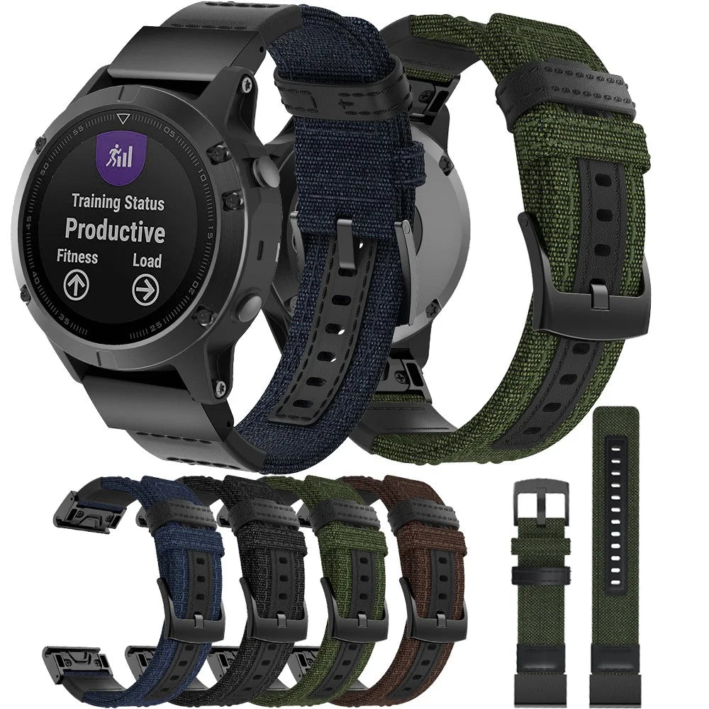 Canvas + Genuine Leather Watch Band for Garmin Fenix 5 Plus, Nylon Sports Watchband Strap - Black - 6