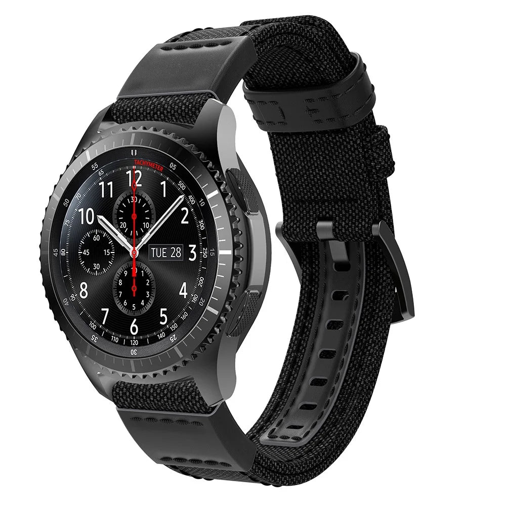 For Samsung Gear S3 Classic/S3 Frontier/Galaxy Watch 46mm Canvas + Genuine Leather Watch Band Nylon Sports Wrist Strap - Black - 2