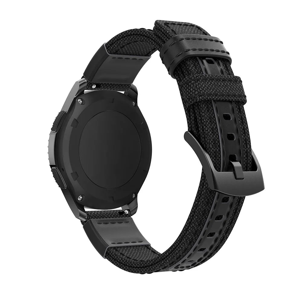 For Samsung Gear S3 Classic/S3 Frontier/Galaxy Watch 46mm Canvas + Genuine Leather Watch Band Nylon Sports Wrist Strap - Black - 3