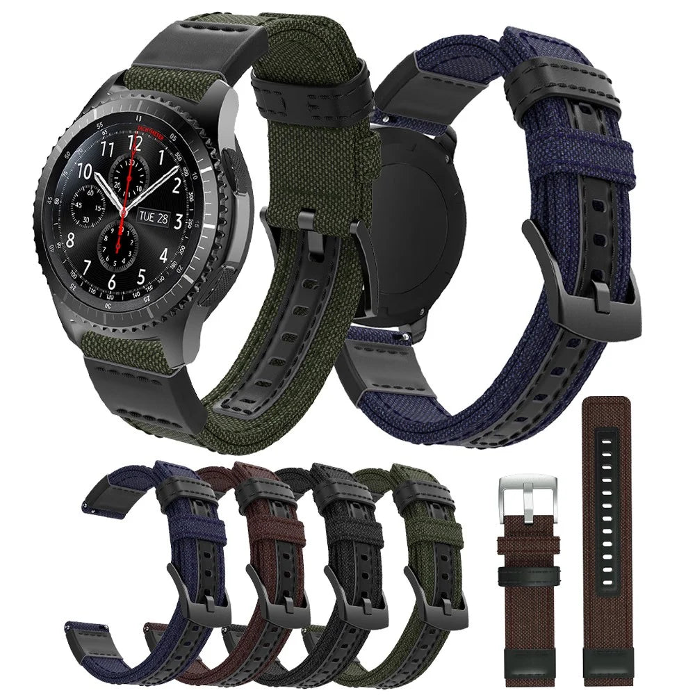 For Samsung Gear S3 Classic/S3 Frontier/Galaxy Watch 46mm Canvas + Genuine Leather Watch Band Nylon Sports Wrist Strap - Black - 6