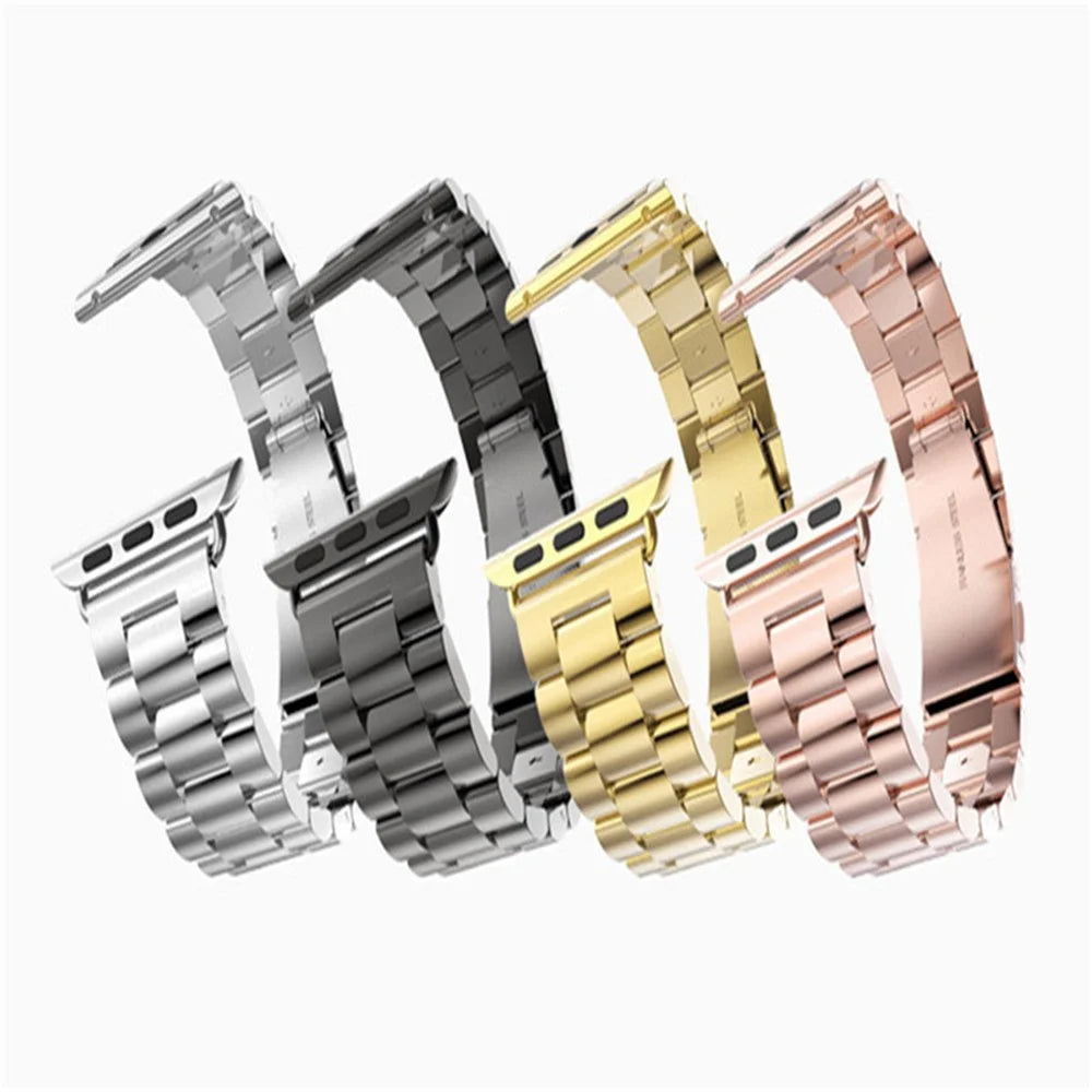 Luxury Three Beads Stainless Steel Watch Strap for Apple Watch Series 11 10 42mm / 9 8 7 41mm / SE3 SE2 SE 6 5 4 40mm / 3 2 1 38mm - All Black - 7