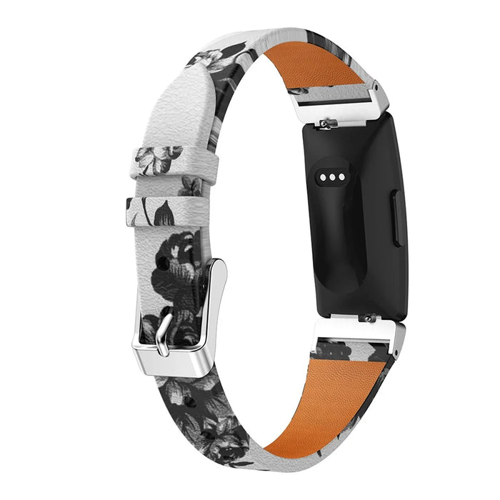 Flower Pattern Single Tour Genuine Leather Watch Strap for Fitbit Inspire / Inspire HR - White Background White Rose - 1