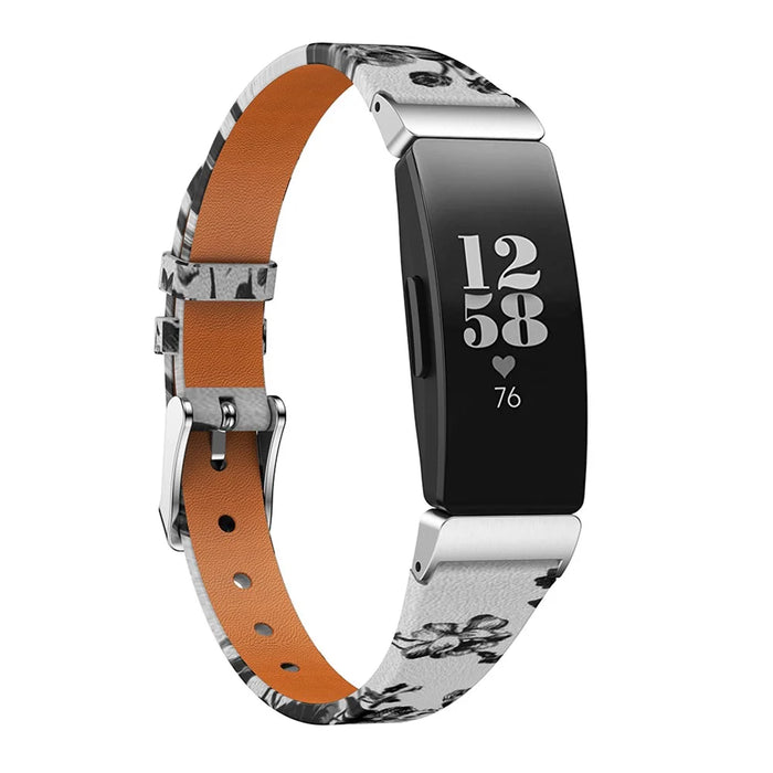Flower Pattern Single Tour Genuine Leather Watch Strap for Fitbit Inspire / Inspire HR - White Background White Rose - 2