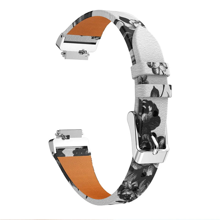 Flower Pattern Single Tour Genuine Leather Watch Strap for Fitbit Inspire / Inspire HR - White Background White Rose - 3