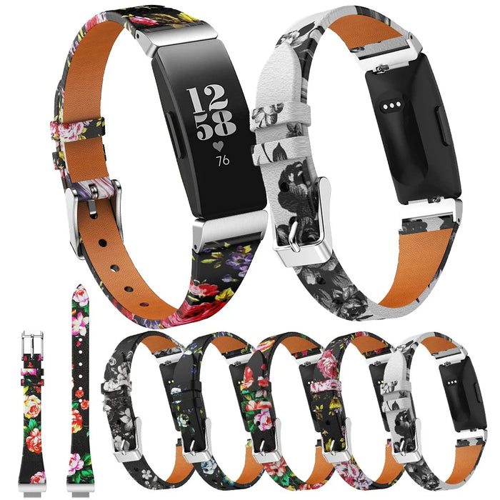 Flower Pattern Single Tour Genuine Leather Watch Strap for Fitbit Inspire / Inspire HR - White Background White Rose - 6