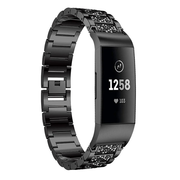 Solid Stainless Steel with Diamond Watch Band for Fitbit Charge 4 / 3 - Black - 2
