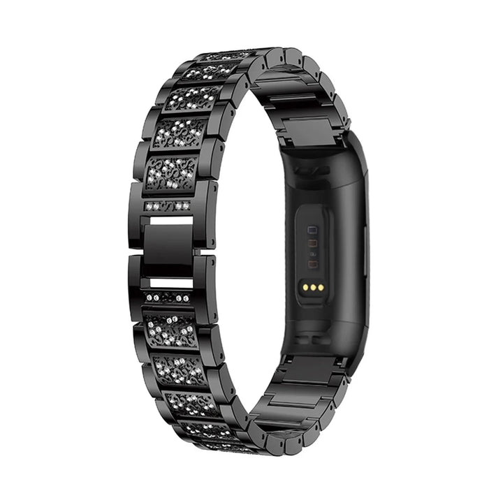 Solid Stainless Steel with Diamond Watch Band for Fitbit Charge 4 / 3 - Black - 3