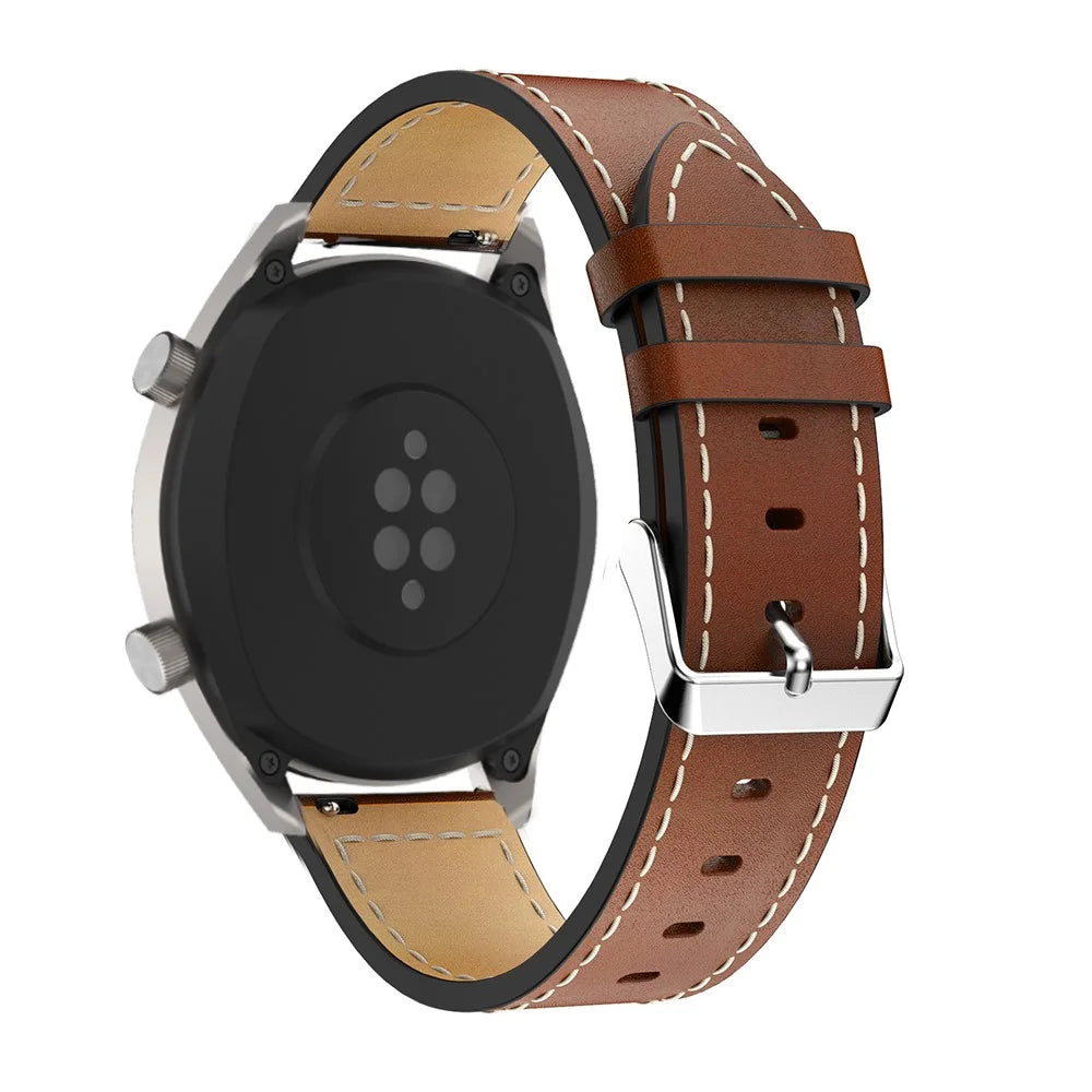 For Huawei Watch GT/Samsung Gear S3 Classic/S3 Frontier 22mm Genuine Leather Smart Watch Strap Replacement Band with White Stitch - Light Brown - 2
