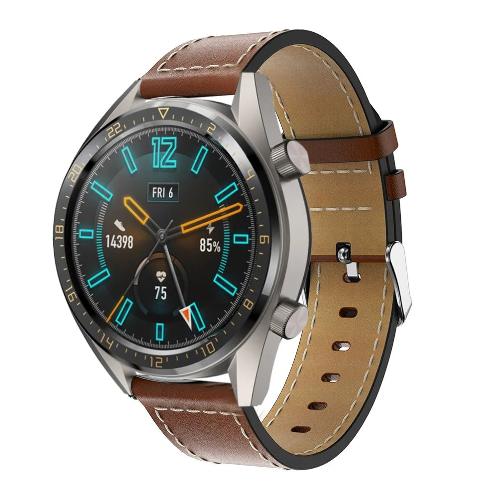 For Huawei Watch GT/Samsung Gear S3 Classic/S3 Frontier 22mm Genuine Leather Smart Watch Strap Replacement Band with White Stitch - Light Brown - 3