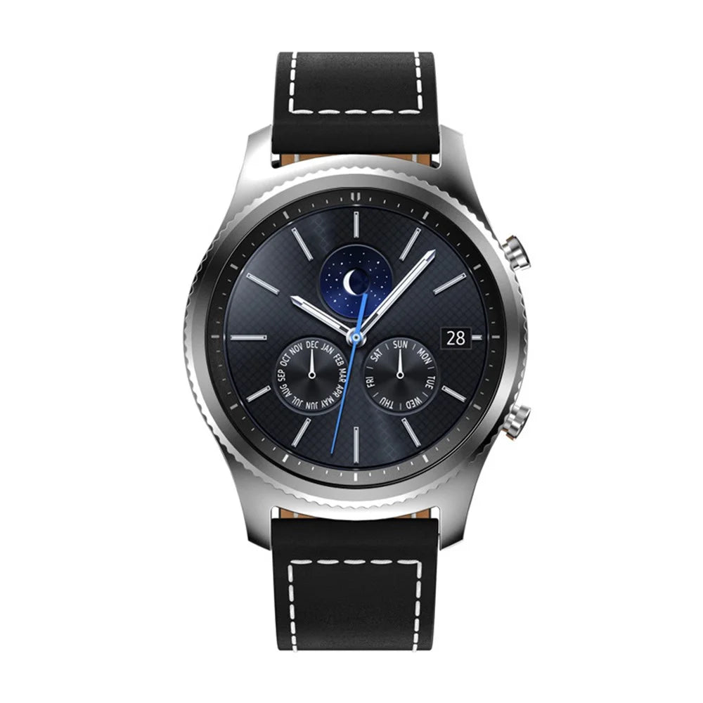 For Samsung Gear S3 Frontier 22mm Genuine Leather Watch Band Wrist Strap with White Stitches - Black - 4