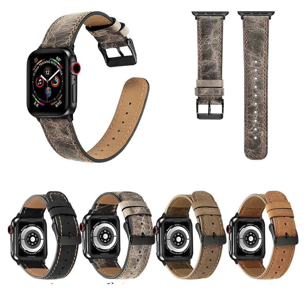 Crackle Texture Watchband Genuine Leather Watch Strap for Apple Watch Series 11 10 42mm / 9 8 7 41mm / SE3 SE2 SE 6 5 4 40mm / 3 2 1 38mm - Brown - 5