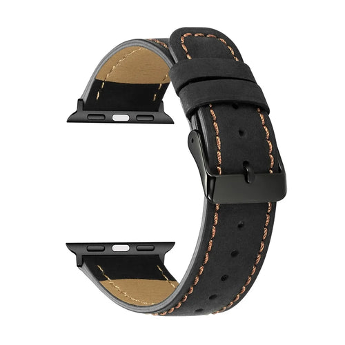 Crackle Texture Genuine Leather Watch Strap for Apple Watch Ultra 3 2 1 49mm / Series 11 10 46mm / 9 8 7 45mm / SE3 SE2 SE 6 5 4 44mm / 3 2 1 42mm - Black - 1