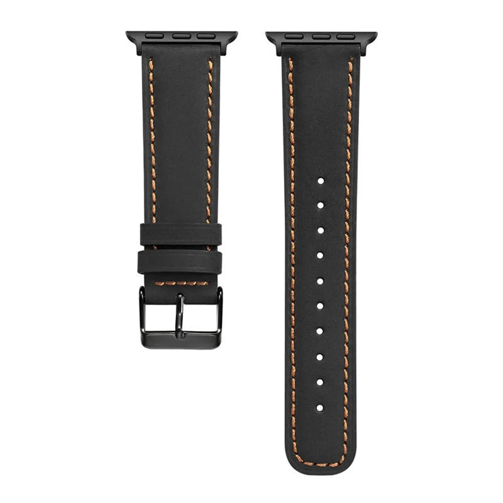 Crackle Texture Genuine Leather Watch Strap for Apple Watch Ultra 3 2 1 49mm / Series 11 10 46mm / 9 8 7 45mm / SE3 SE2 SE 6 5 4 44mm / 3 2 1 42mm - Black - 2