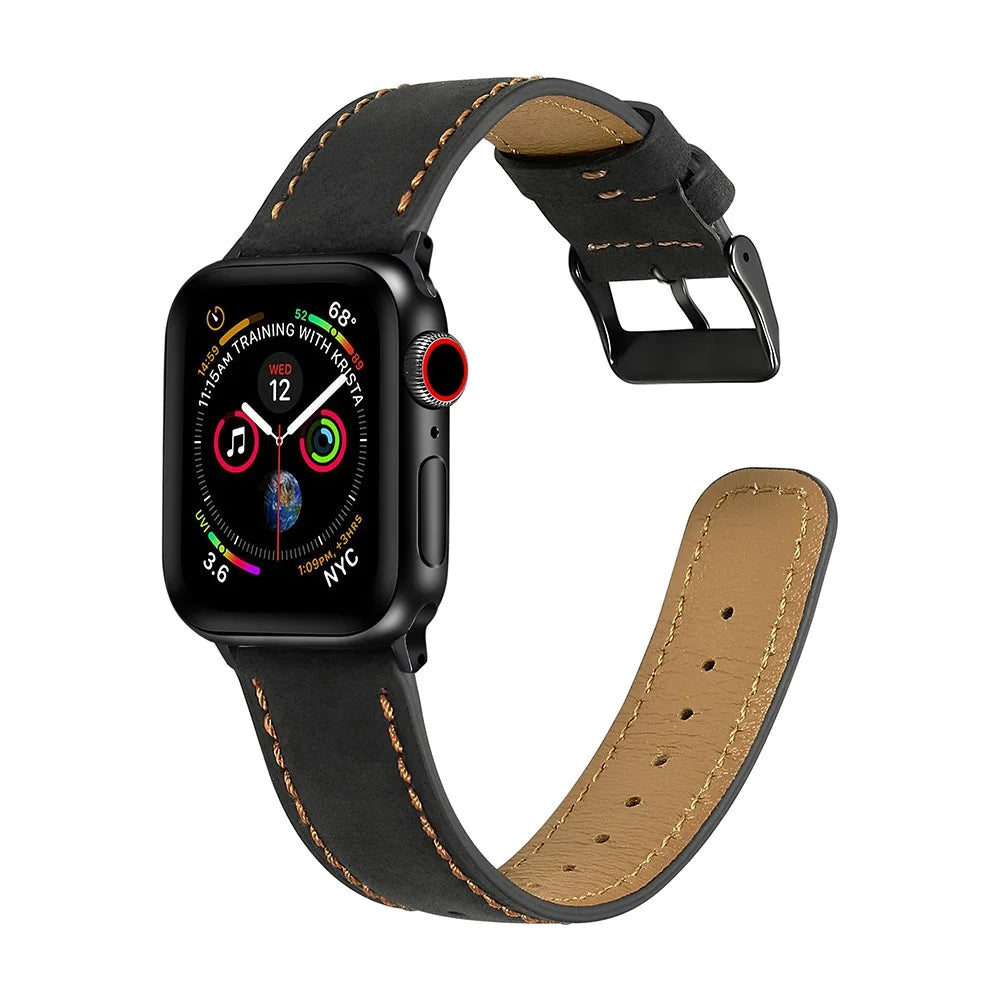 Crackle Texture Genuine Leather Watch Strap for Apple Watch Ultra 3 2 1 49mm / Series 11 10 46mm / 9 8 7 45mm / SE3 SE2 SE 6 5 4 44mm / 3 2 1 42mm - Black - 4