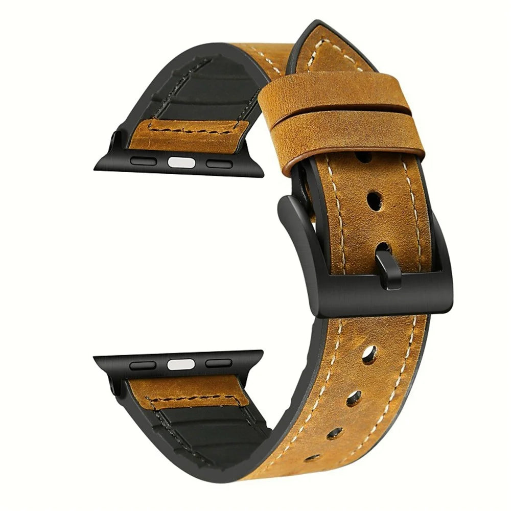 Genuine Leather + Silicone Wrist Watch Strap Replacement for Apple Watch Series 11 10 42mm / 9 8 7 41mm / SE3 SE2 SE 6 5 4 40mm / 3 2 1 38mm - Brown - 1