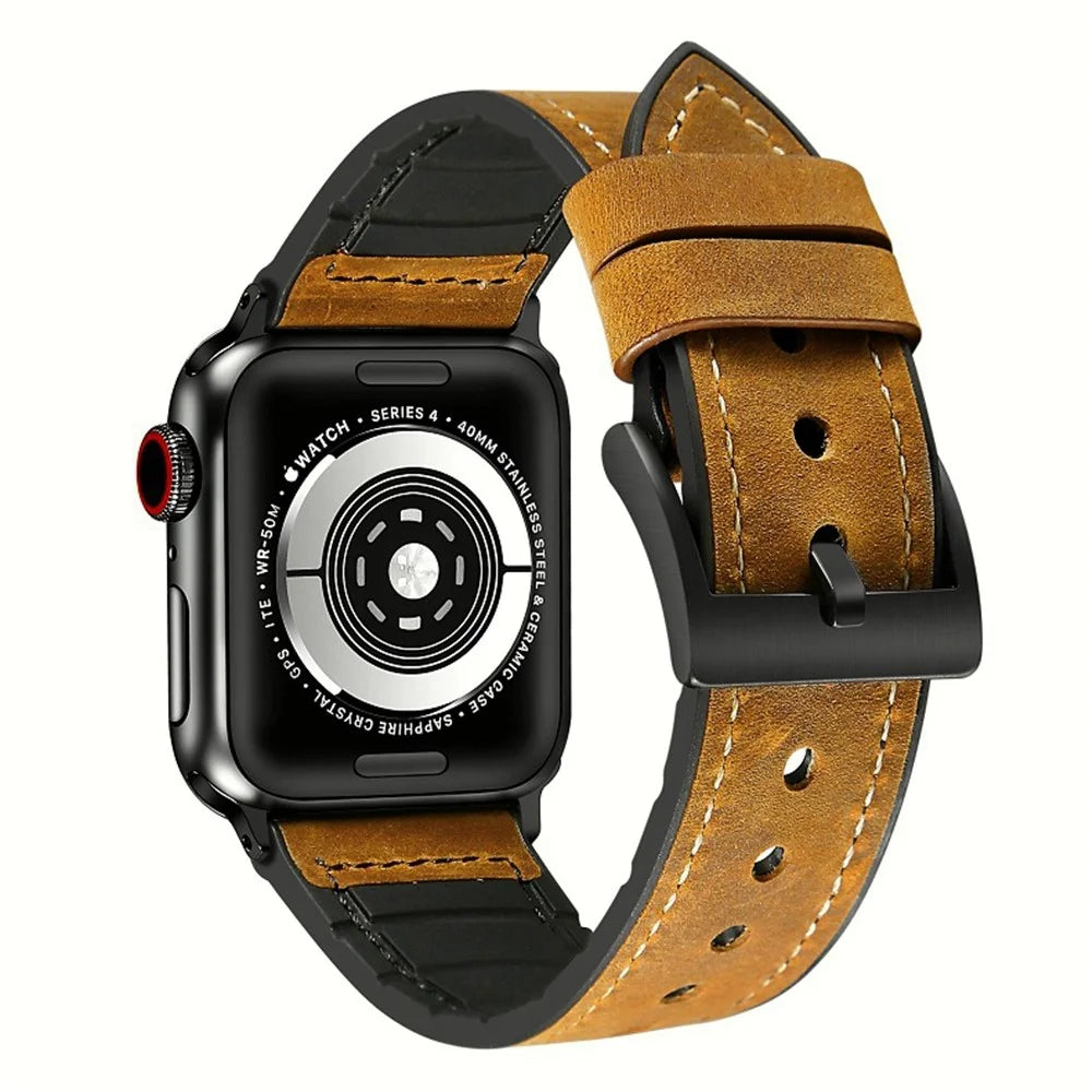 Genuine Leather + Silicone Wrist Watch Strap Replacement for Apple Watch Series 11 10 42mm / 9 8 7 41mm / SE3 SE2 SE 6 5 4 40mm / 3 2 1 38mm - Brown - 2