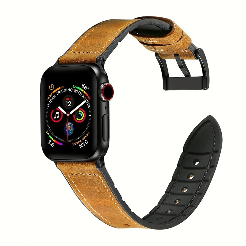 Genuine Leather + Silicone Wrist Watch Strap Replacement for Apple Watch Series 11 10 42mm / 9 8 7 41mm / SE3 SE2 SE 6 5 4 40mm / 3 2 1 38mm - Brown - 3