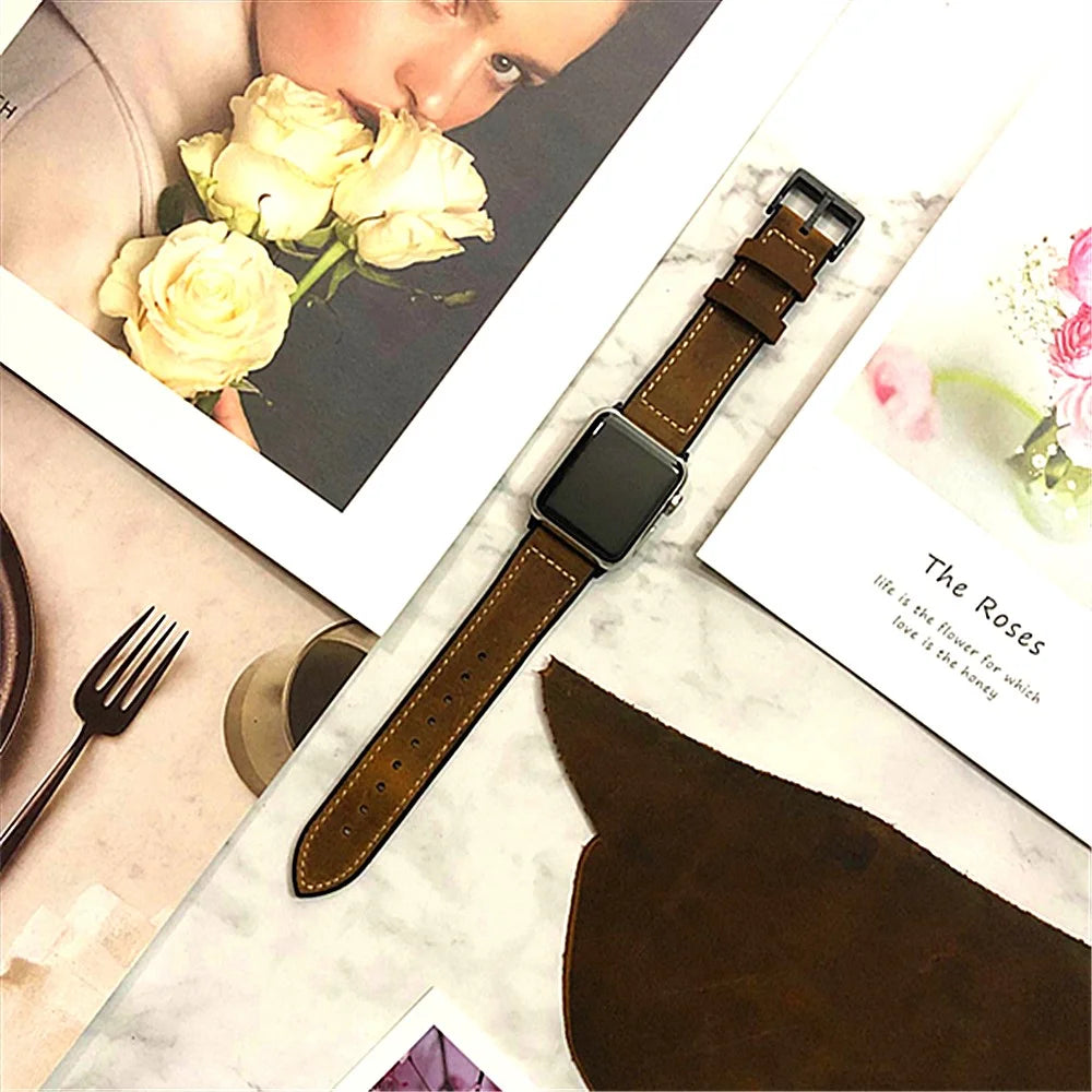 Genuine Leather + Silicone Wrist Watch Strap Replacement for Apple Watch Series 11 10 42mm / 9 8 7 41mm / SE3 SE2 SE 6 5 4 40mm / 3 2 1 38mm - Brown - 4