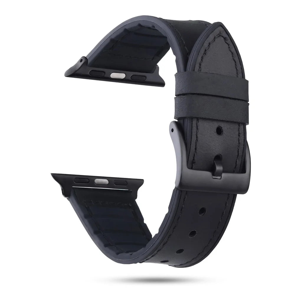 Genuine Leather + Silicone Wrist Watch Strap Replacement for Apple Watch Ultra 3 2 1 49mm / Series 11 10 46mm / 9 8 7 45mm / SE3 SE2 SE 6 5 4 44mm / 3 2 1 42mm - Black - 1