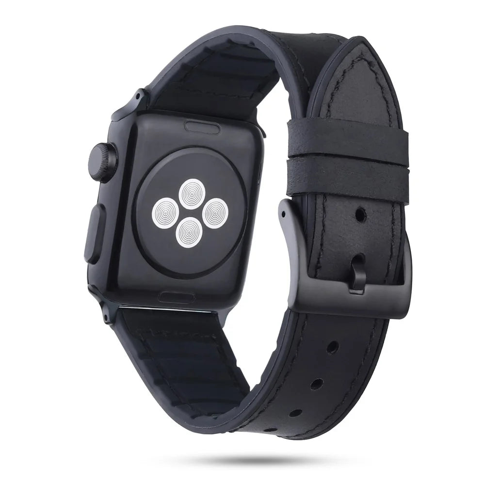 Genuine Leather + Silicone Wrist Watch Strap Replacement for Apple Watch Ultra 3 2 1 49mm / Series 11 10 46mm / 9 8 7 45mm / SE3 SE2 SE 6 5 4 44mm / 3 2 1 42mm - Black - 2