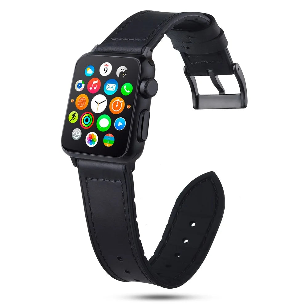 Genuine Leather + Silicone Wrist Watch Strap Replacement for Apple Watch Ultra 3 2 1 49mm / Series 11 10 46mm / 9 8 7 45mm / SE3 SE2 SE 6 5 4 44mm / 3 2 1 42mm - Black - 3