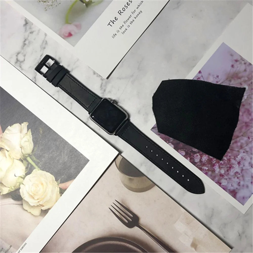 Genuine Leather + Silicone Wrist Watch Strap Replacement for Apple Watch Ultra 3 2 1 49mm / Series 11 10 46mm / 9 8 7 45mm / SE3 SE2 SE 6 5 4 44mm / 3 2 1 42mm - Black - 4