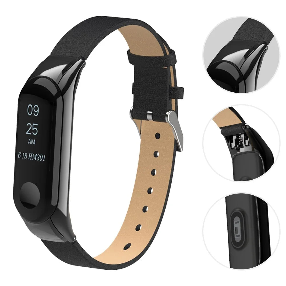 Genuine Leather Watch Strap Watchband for Xiaomi Mi Smart Band 4 - Black - 1