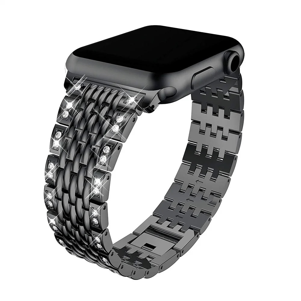 Double Row Rhinestone Decorative Watchband Metal Smart Watch Strap for Apple Watch Ultra 3 2 1 49mm / Series 11 10 46mm / 9 8 7 45mm / SE3 SE2 SE 6 5 4 44mm / 3 2 1 42mm -Black - 1