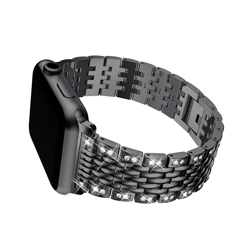 Double Row Rhinestone Decorative Watchband Metal Smart Watch Strap for Apple Watch Ultra 3 2 1 49mm / Series 11 10 46mm / 9 8 7 45mm / SE3 SE2 SE 6 5 4 44mm / 3 2 1 42mm -Black - 2