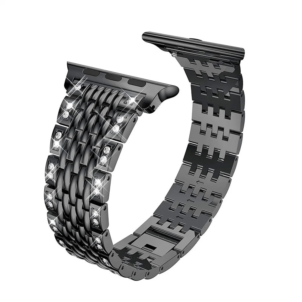 Double Row Rhinestone Decorative Watchband Metal Smart Watch Strap for Apple Watch Ultra 3 2 1 49mm / Series 11 10 46mm / 9 8 7 45mm / SE3 SE2 SE 6 5 4 44mm / 3 2 1 42mm -Black - 3