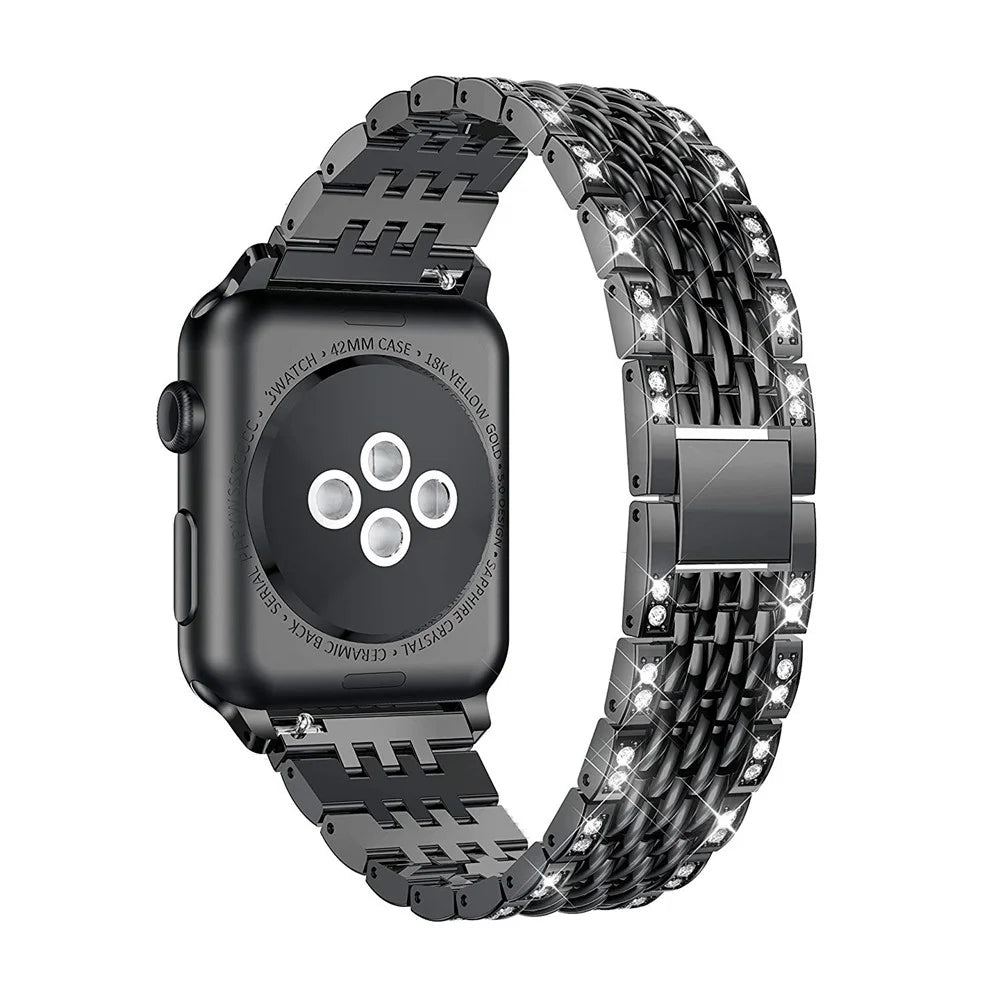 Double Row Rhinestone Decorative Watchband Metal Smart Watch Strap for Apple Watch Ultra 3 2 1 49mm / Series 11 10 46mm / 9 8 7 45mm / SE3 SE2 SE 6 5 4 44mm / 3 2 1 42mm -Black - 4