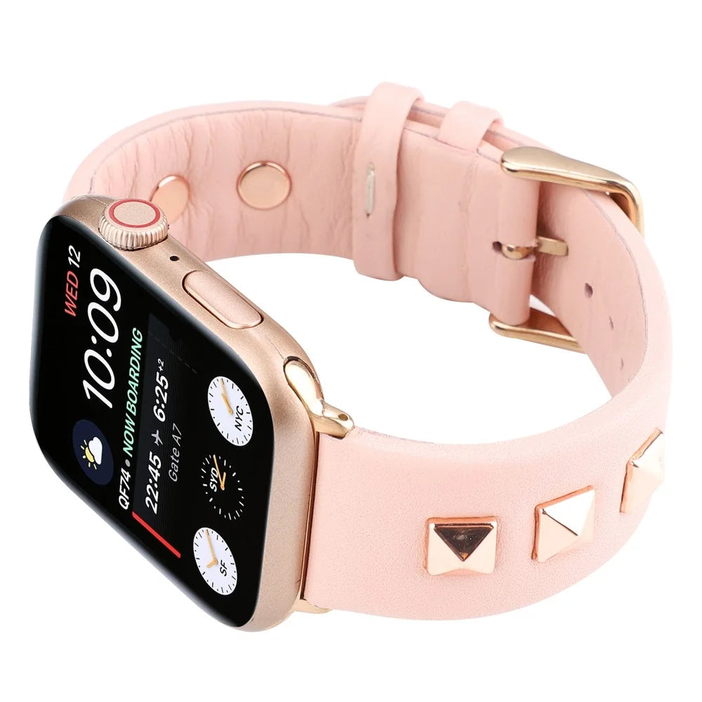 Genuine Leather Watch Strap Smart Watch Band with Rose Gold Fastener for Apple Watch Series 11 10 42mm / 9 8 7 41mm / SE3 SE2 SE 6 5 4 40mm / 3 2 1 38mm -  Pink - 3
