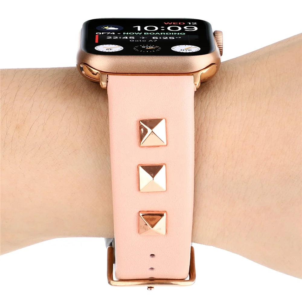Genuine Leather Watch Strap Smart Watch Band with Rose Gold Fastener for Apple Watch Series 11 10 42mm / 9 8 7 41mm / SE3 SE2 SE 6 5 4 40mm / 3 2 1 38mm -  Pink - 4