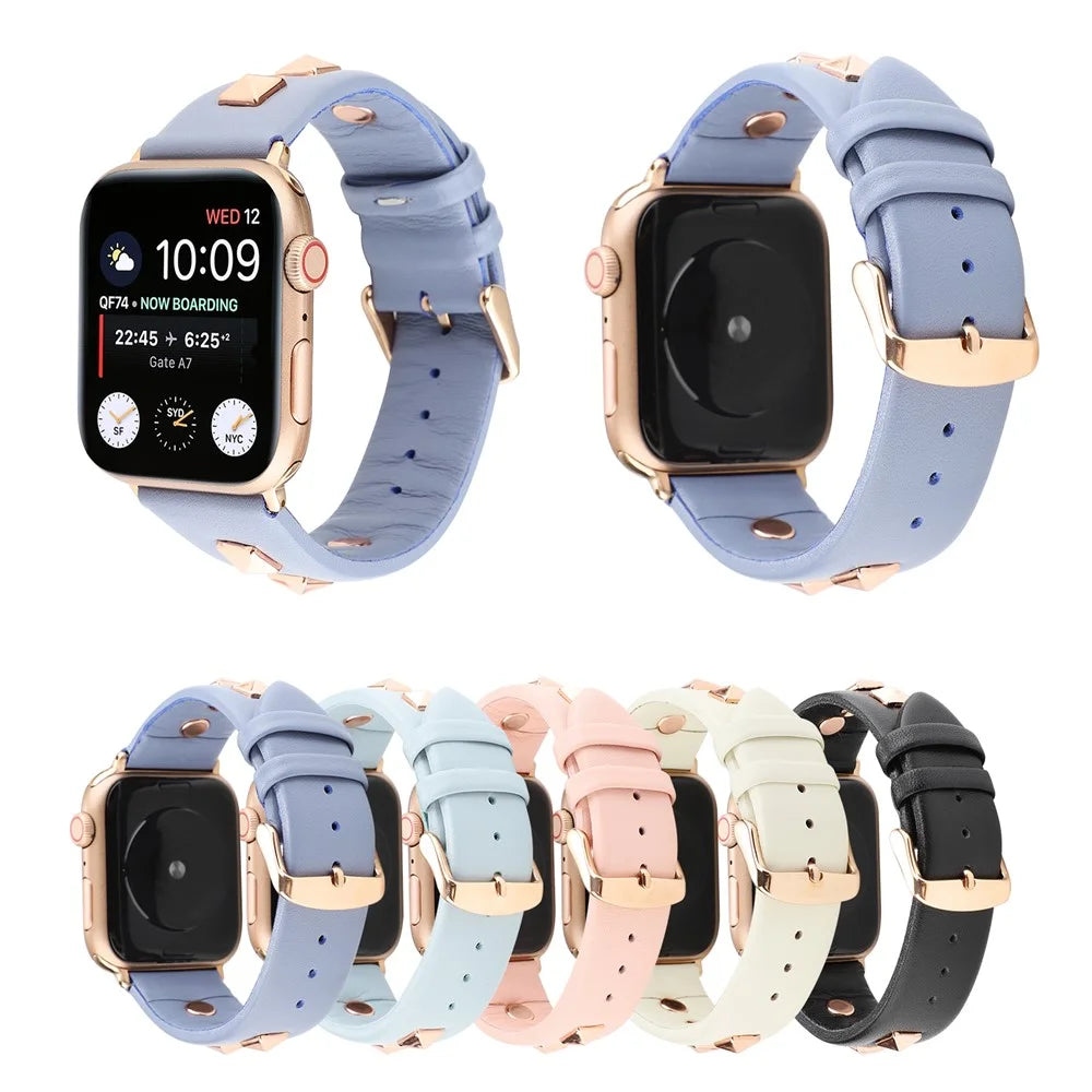 Genuine Leather Watch Strap Smart Watch Band with Rose Gold Fastener for Apple Watch Series 11 10 42mm / 9 8 7 41mm / SE3 SE2 SE 6 5 4 40mm / 3 2 1 38mm -  Pink - 6