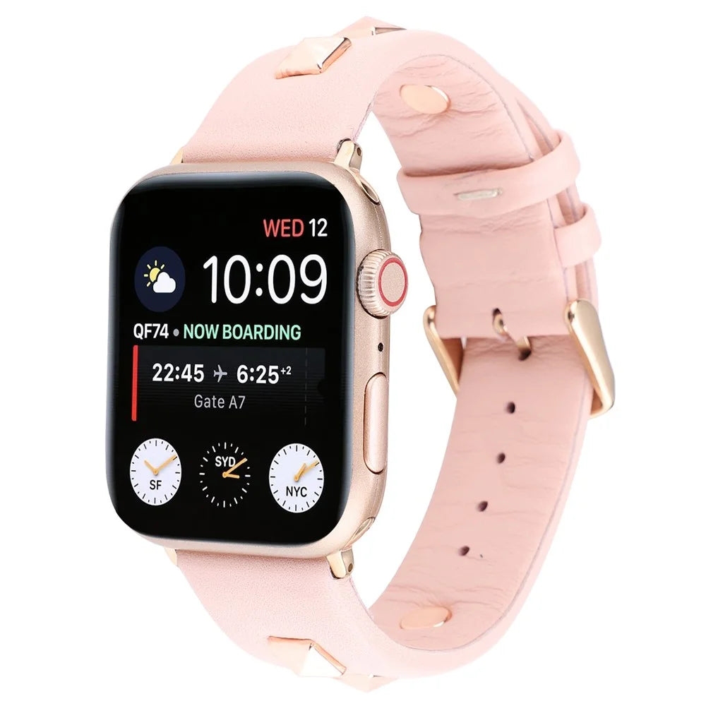 Genuine Leather Watch Strap Smart Watch Band Watchband with Rose Gold Fastener for Apple Watch Ultra 3 2 1 49mm / Series 11 10 46mm / 9 8 7 45mm / SE3 SE2 SE 6 5 4 44mm / 3 2 1 42mm -Light Pink - 1