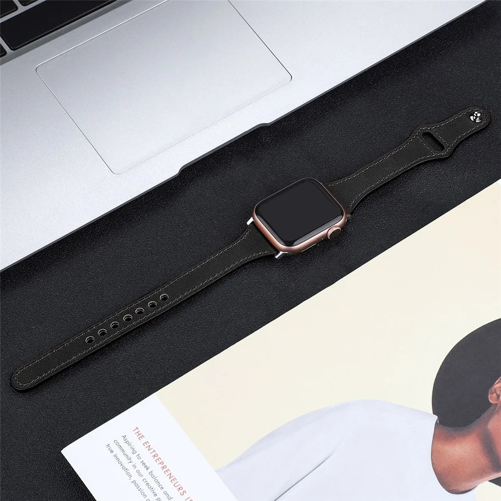 Genuine Leather Smart Watchband for Apple Watch Series SE3 / SE2 / SE1 /  6 / 5 / 4 44mm - Black - 7